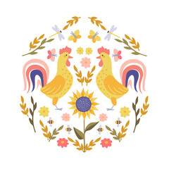 rooster decorative composition in circle
