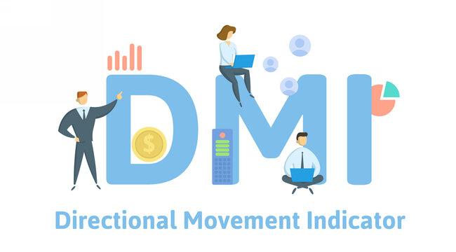 DMI, Directional Movement Indicator. Concept with keywords, people and icons. Flat vector illustration. Isolated on white background.