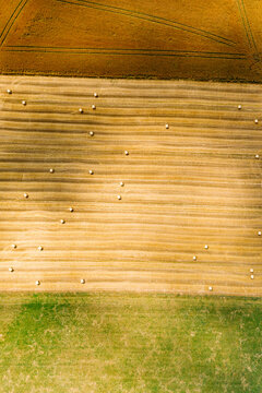 Abstract aerial view of straw bales in field in Chemnitz, Germany.
