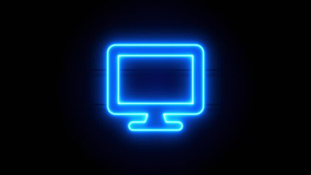 Desktop neon sign appear in center and disappear after some time. Animated blue neon symbol on black background. Looped animation.