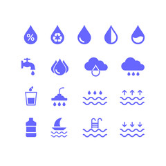 Collection of icons related to water resources. Suitable for design elements from infographics, drinking water, rainfall, humidity, and the renewable clean water industry. Flat droplet icon set.
