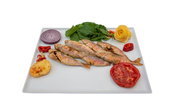 Red mullet in white plate, standing on isolated background.