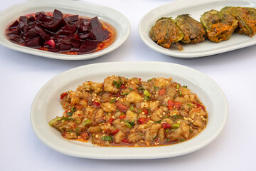 Turkish food appetizers isolated on white background, top view.
