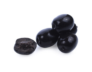 Black olives isolated on white background close-up