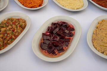 Turkish food appetizers isolated on white background, top view.