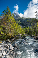 wild mountain creek at Lac de Derborence in Valais with Mont Gond