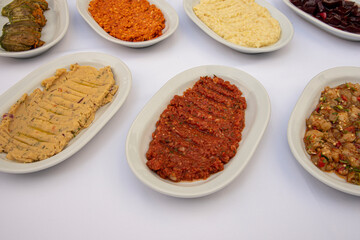 Turkish food appetizers isolated on white background, top view.
