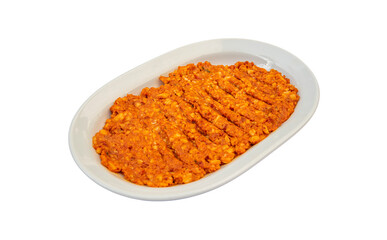 Top view Traditional Turkish appetizer meze - Acili ezme. Isolated white background