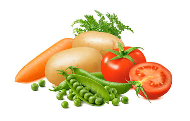 Carrot, potato, tomato and green peas isolated on white background