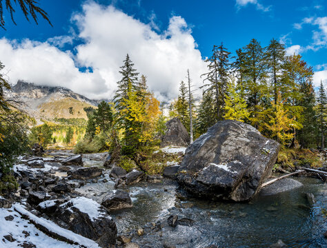 pristine mountain creek at Derborence in autumn in Valais