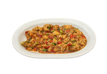 Top view Traditional Turkish appetizer meze -Roasted eggplant ( Şakşuka ). Isolated white background