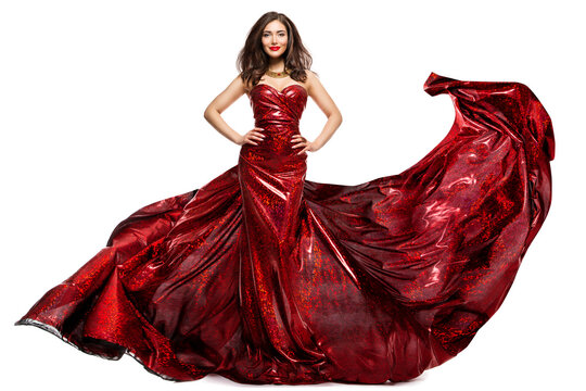 Beautiful Woman in Red Evening Dress, Elegant Fashion Model in Fluttering Sparkling Gown Isolated White