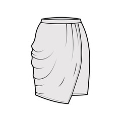 Skirt drapped technical fashion illustration with straight semi fitted knee silhouette, pencil fullness, thin waistband. Flat bottom template front, grey color style. Women, men, unisex CAD mockup