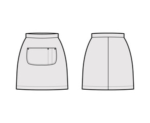 Skirt apron technical fashion illustration with mini silhouette, pencil fullness, big center pocket. Flat bottom template front, back, grey color style. Women, men, unisex CAD mockup