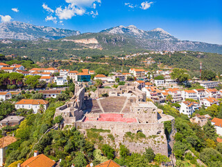 Fototapeta na wymiar View of historic, Fortress Mare in Herceg Novi town, Kotor Bay. Drone aerial photo