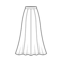 Skirt maxi eight gore technical fashion illustration with ankle lengths silhouette, semi-circular fullness. Flat bottom template front, white color style. Women, men, unisex CAD mockup