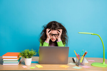 Portrait of her she nice attractive miserable brunette girl executive assistant working hard...