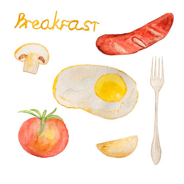 Set of watercolor elements hot Breakfast, scrambled eggs, sausage, tomato, mushroom, potato slice, fork