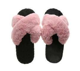Pair of soft open toe slippers with pink fur on white background, top view