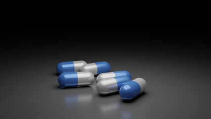 Medicine capsules laying on a reflective floor. 3D rendered illustration.