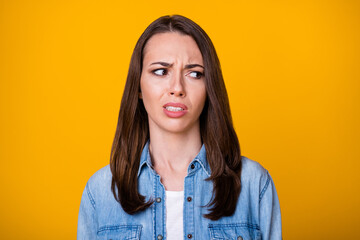 Portrait of upset girl look copyspace dont like smell disgust wear casual style clothes isolated...