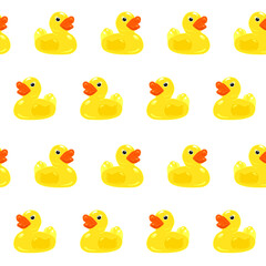 Classic yellow rubber duck with red beak isolated on white background. Seamless pattern. Toy animal. Design element for packaging, wrapping, textile print, accessories. Stock vector illustration