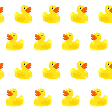 Classic yellow rubber duck with red beak isolated on white background. Seamless pattern. Toy animal. Design element for packaging, wrapping, textile print, accessories. Stock vector illustration