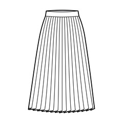 Skirt pleat technical fashion illustration with below-the-knee silhouette, circular fullness, thick waistband. Flat bottom template front, white color style. Women, men, unisex CAD mockup