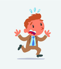 cartoon character of businessman runs away in terror.