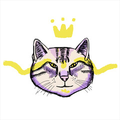Cat's face vector sketch. Stylized modern hand drawn illustration. It may be used for design of a t-shirt, a bag, a postcard, a poster.