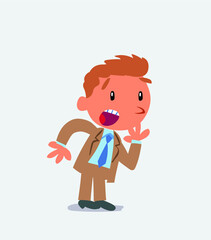 Unpleasantly surprised cartoon character of businessman looks to the side