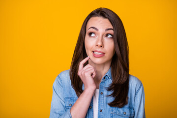 Portrait off minded girl want decide decision choose choice look copyspace think thoughts touch finger chin wear denim outfit isolated over vivid color background