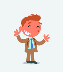 Surprised cartoon character of businessman points to something