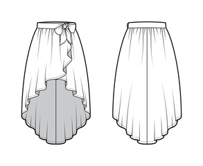 Skirt high low cascade wrap technical fashion illustration with semi-circular fullness, thick waistband. Flat bottom template front, back, white color style. Women, men, unisex CAD mockup © Vectoressa