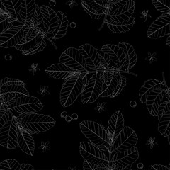 Seamless pattern with leaves and branches of coffee plant, Hand-drawn white line on black illustration.