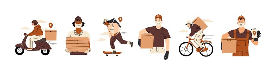 Delivery men wearing face Masks and holding a delivery boxes. Couriers with parcels riding various vehicles. Safe Delivery service concept. Big set of Hand drawn trendy Vector illustrations