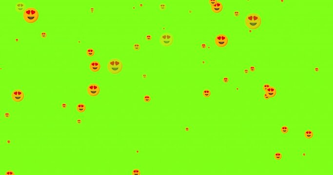 Animated flying love emoji particles on green background. Reactions animation for social media or streaming videos