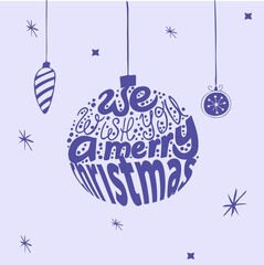 
hand lettering on christmas ball, wish merry christmas, vector hand drawn illustration