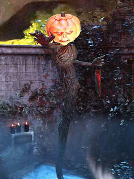3D Photo of a Scary Halloween Pumpkin Head