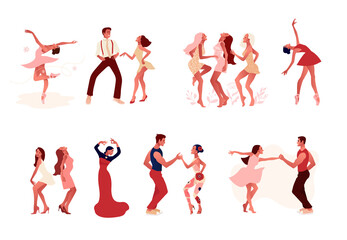 Dance studio. Set of happy active positive mem and women dancing. Ballerina in a tutu, wearing pointe shoes, couple dancing salsa, flamenco dancer . Vector illustration
