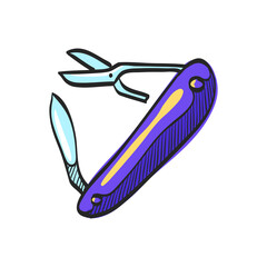 Multi tool icon in color drawing. Multifunction camping survival multipurpose sharp repair