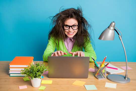 Portrait of her she nice attractive crazy genius diligent cheerful girl studying hard typing isolated over bright blue color background