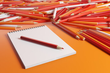 Pencils and sketchbook. Lots of pencils in warm colors next to a blank sketchbook on an orange background. 3D illustration