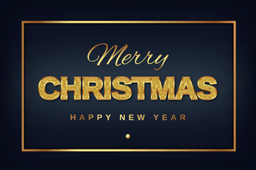 Merry Christmas and New Year Golden text with shining glitter on a dark background in a gold frame. Postcard - banner with congratulations. Realistic illustration on a dark background. Vector.