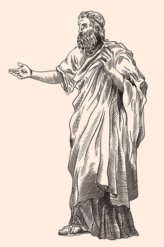 An old man with a beard in ancient Greek clothes stands and gestures. Imitation of antique engraving.