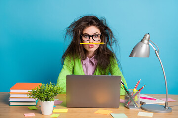Portrait of her she nice attractive foolish girlish bored girl studying fooling holding pencil pout...