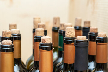 Wine bottles with open cork lids. High quality photo