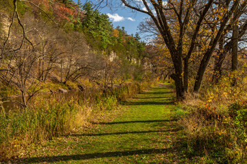 Hiking Trail Along A River In The Woods In Autumn