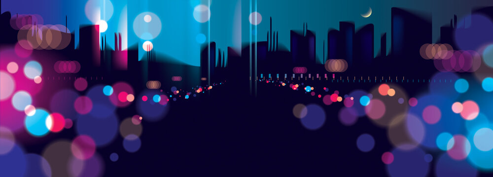 Wide Panorama light night at city, bokeh abstract background blurred lights. Effect vector beautiful background. Blur colorful dark background with cityscape, buildings silhouettes skyline. © Sylverarts