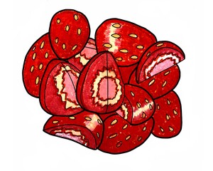 delicious juicy strawberry illustration. oil pastel texture. healthy red berries. vitamin charge. Hand drawn 